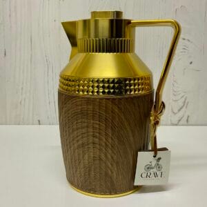 Gold & Brown 1L Flask 1 Litre luxury brown wood grain thermal flask with polished gold top and handle