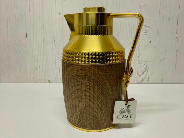 Gold & Brown 1L Flask 1 Litre luxury brown wood grain thermal flask with polished gold top and handle