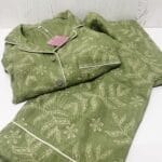 Turkish Linen Pajamas Sage green printed Turkish linen blend pajama set folded on a white surface