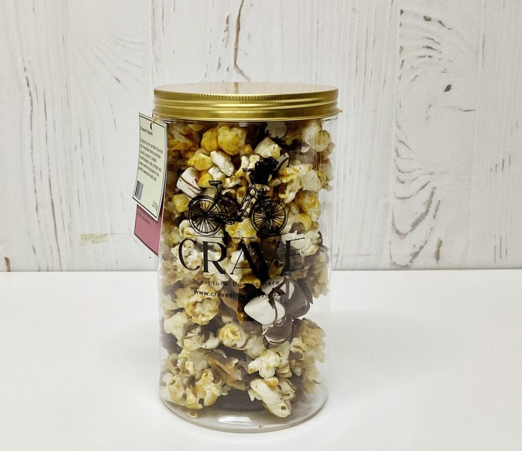 200g jar of Crave S'mores caramel popcorn with pretzels and marshmallows